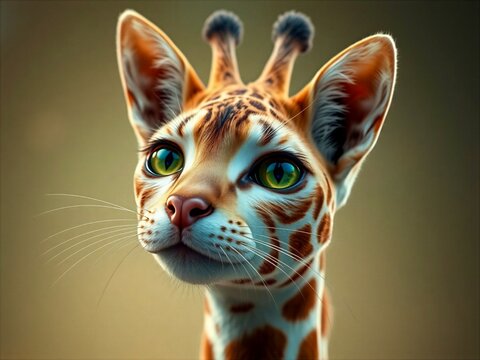 Cute Fantasy Giraffe Cat Hybrid Portrait with Big Green Eyes