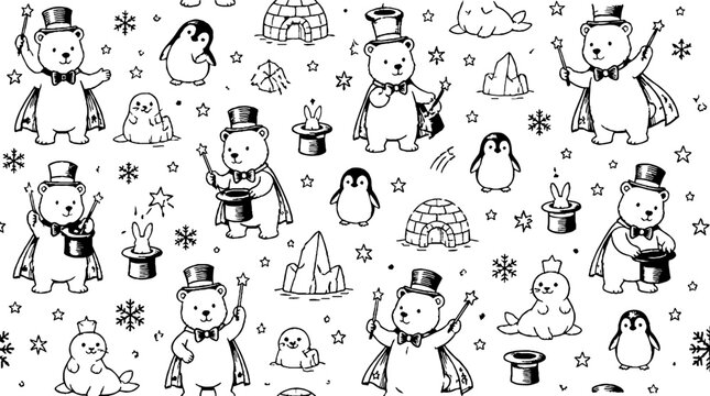 Whimsical penguin and bear pattern with magic hats and stars.