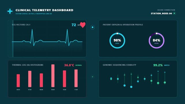 Advanced digital clinical telemetry dashboard featuring real-time ECG heart rate monitoring, oxygen levels, thermal logs, and genomic sequencing for modern hospitals.