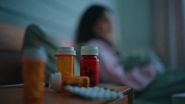 Closeup numerous medicine bottles bedside table near sick woman lying bed.