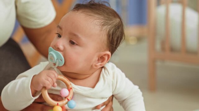 Baby boy holding a wooden ring toy and sucking a pacifier while seated near a crib in a building nursery room; curiosity bonding.