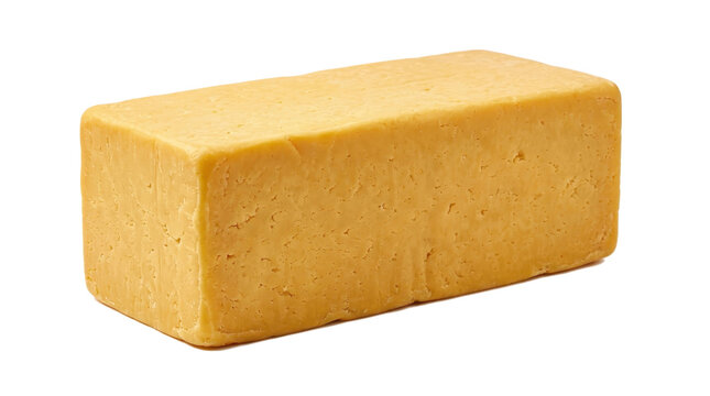 A solid block of golden cheddar cheese sits isolated on a clean white background, presented in a studio shot with a bright, appetizing mood.