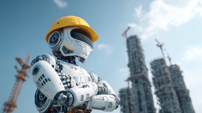 Humanoid robot construction worker wearing a yellow safety helmet standing before modern skyscrapers under construction, futuristic artificial intelligence and automation concept for smart building, e