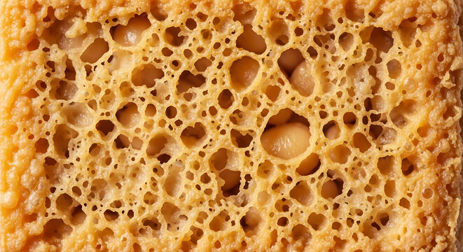 Close-up macro shot of a porous, bubbly, golden-brown baked crust texture