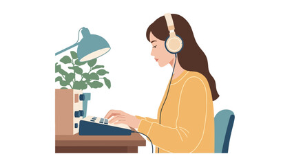 Fototapeta premium Woman wearing headphones working laptop.