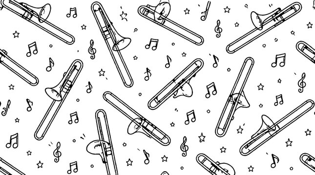 Black and white trombone and music notes pattern.
