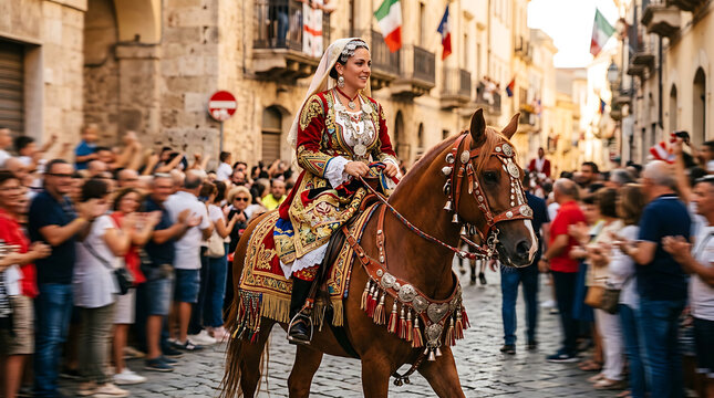 Woman rides horse through crowded historic street festival parade