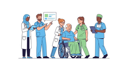 Obraz premium Medical team with patient wheelchair.