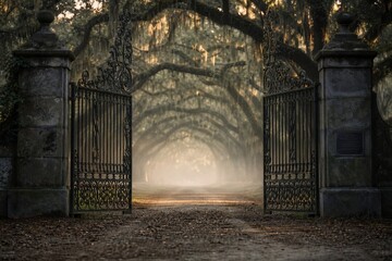 Obraz premium Grand iron gate opening onto an ancient oak-lined avenue in soft morning mist.