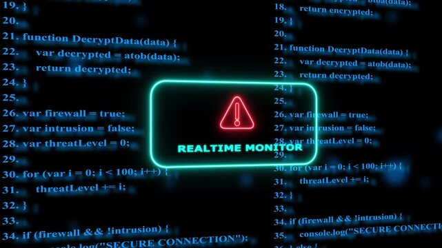 Cyber security real-time monitor interface with scrolling programming code and warning alert system cybersecurity