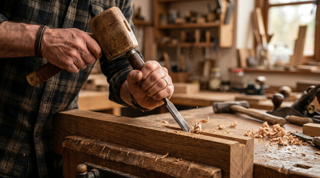 Carpenter hands using wooden mallet and sharp chisel to carve detail on timber plank inside traditional woodworking workshop filled with tools
