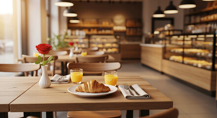 Fototapeta premium Cozy cafe breakfast table with croissant, orange juice and a rose
