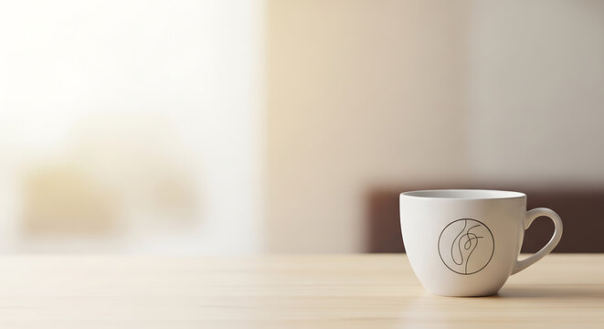 Cozy Coffee Cup with Abstract Logo on Wooden Table, Morning Light
