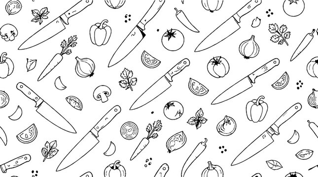 Assorted kitchen knives and fresh vegetables illustration.