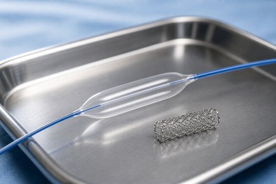 Slender balloon catheter and miniature stent on surgical tray, metallic shine.