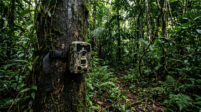 Professional trail camera for wildlife monitoring and research in rainforest