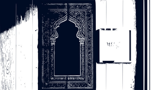 Islamic prayer rug hanging on a textured wall with Arabic calligraphy