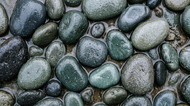 Wet smooth pebbles forming a natural river stone background texture