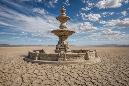 Dry, ornate stone fountain in a vast desert surrounded by cracked earth.