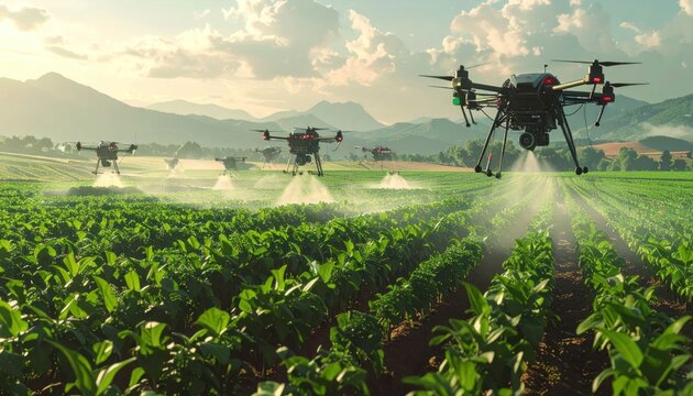 Agricultural drones spraying green crops in lush farm field.