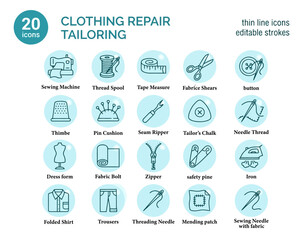 Fototapeta premium Set of 20 clothing repair and tailoring thin line icons, editable strokes