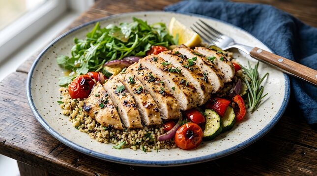 Grilled chicken breast with quinoa and roasted vegetables