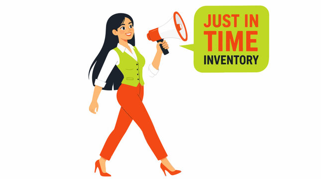 Woman holding megaphone for just in time inventory announcement.