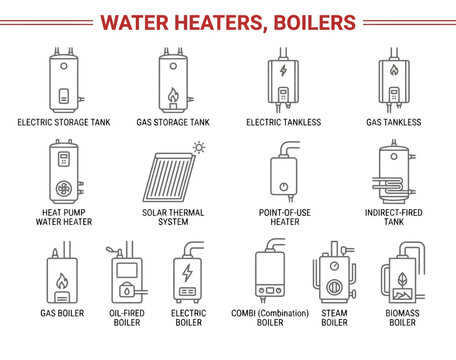 Set of water heaters and boilers icons, outline style