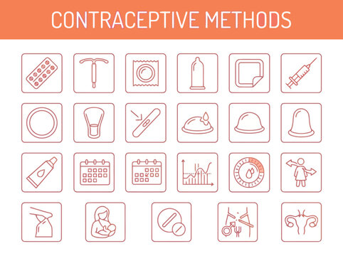 Set of contraceptive methods icons, birth control and family planning vector illustration