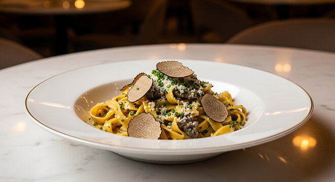 Gourmet Fettuccine Alfredo with Fresh Truffle Shavings and Parmesan Cheese