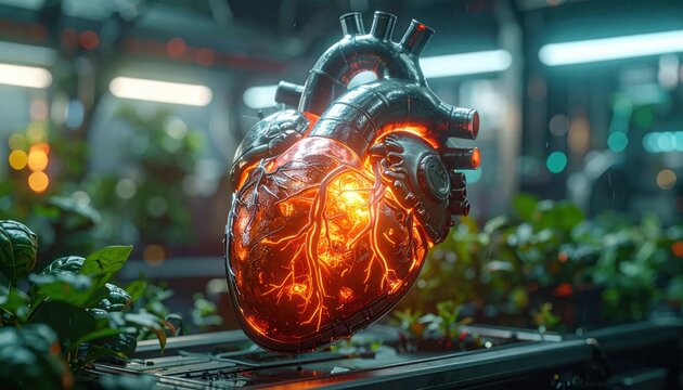 Artificial mechanical heart glowing inside a futuristic greenhouse environment.