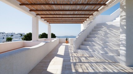 Obraz premium Empty mediterranean rooftop terrace with white walls and sea view
