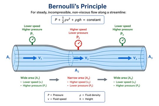 Fluid Dynamics Diagram Demonstrating Bernoulli&rsquo;s Principle