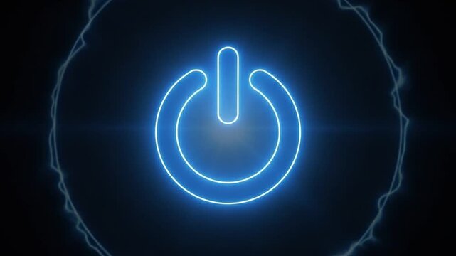 Glowing neon power button icon with blue light effects