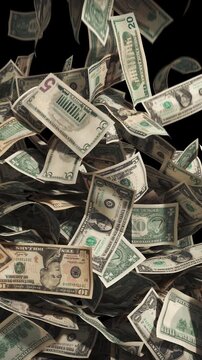 US dollar bills fall into the frame, gradually covering the entire screen, then disappear. Transition for a money theme, financial overlay, and wealth concept animation. Transparent background. ProRes
