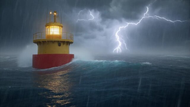 Yellow navigation buoy buoy flashing in turbulent ocean storm beacon waves sea navigation maritime beacon waves sea