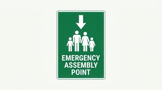 Emergency Assembly Point Sign with People Silhouettes on Green Background