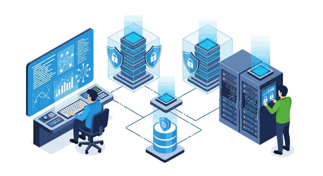 Isometric vector illustration of IT professionals managing secure server databases and network security