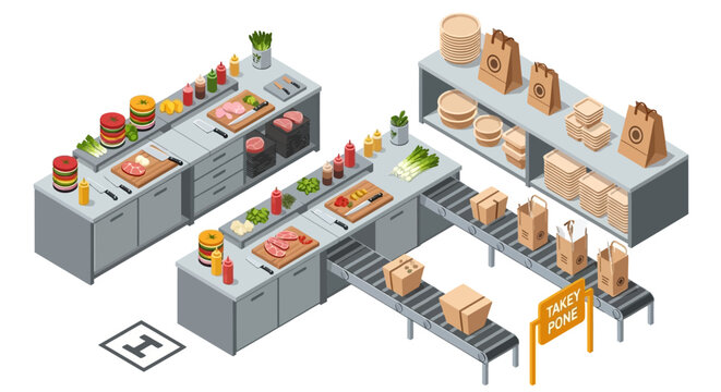 Isometric view of a professional restaurant kitchen assembly line for fast food preparation and efficient takeout packaging service