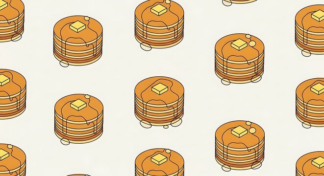 Seamless Pattern of Delicious Pancakes with Butter and Syrup, Breakfast Food Illustration
