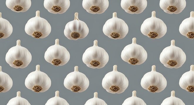 Seamless Pattern of Fresh Garlic Bulbs on a Gray Background, Food Ingredient