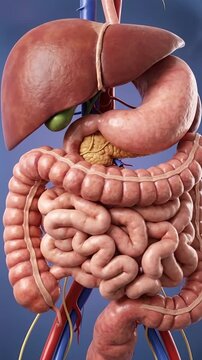 Human digestive system anatomy model. Suitable for medical education, biology lecture, healthcare presentation, and science animation.