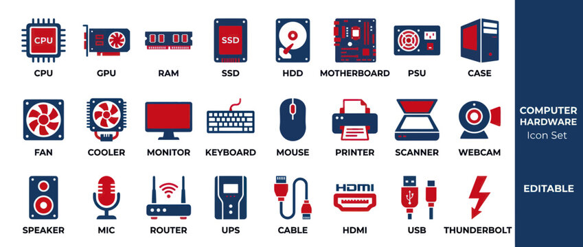Computer Hardware Icons Set: CPU, RAM, SSD, HDD, Motherboard, PSU, Case, Fan, Monitor