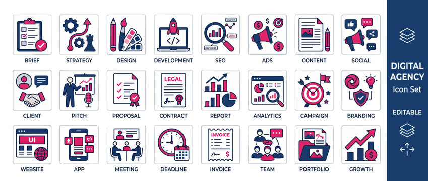 Digital Agency Icon Set: Business, Marketing, SEO, Growth, Teamwork, Strategy