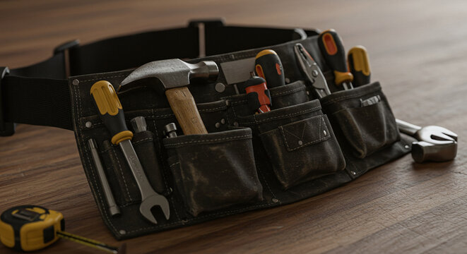 A close-up of a well-worn leather tool belt filled with various hand tools. Concept of manual labor