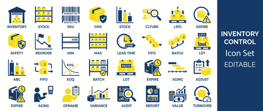 Inventory Control Icons Set: Management, Logistics, Warehouse, Stock, Supply Chain