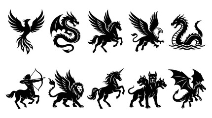 Obraz premium Fantasy and Mythology Mythical Creatures Silhouettes Set - Legendary Animal Glyphs Collection