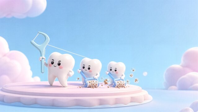 Smiling Teeth Dental Care: Adorable cartoon teeth characters joyfully floss their teeth against a soft pink and blue sky with fluffy clouds, promoting good oral hygiene.