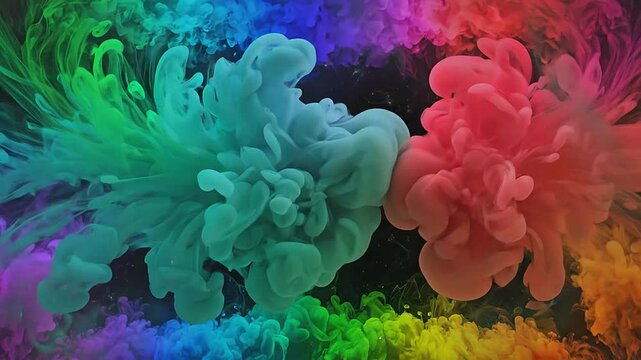 Vibrant rainbow ink clouds swirling in dark water