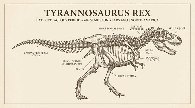 Tyrannosaurus rex skeleton anatomy diagram detailed scientific illustration